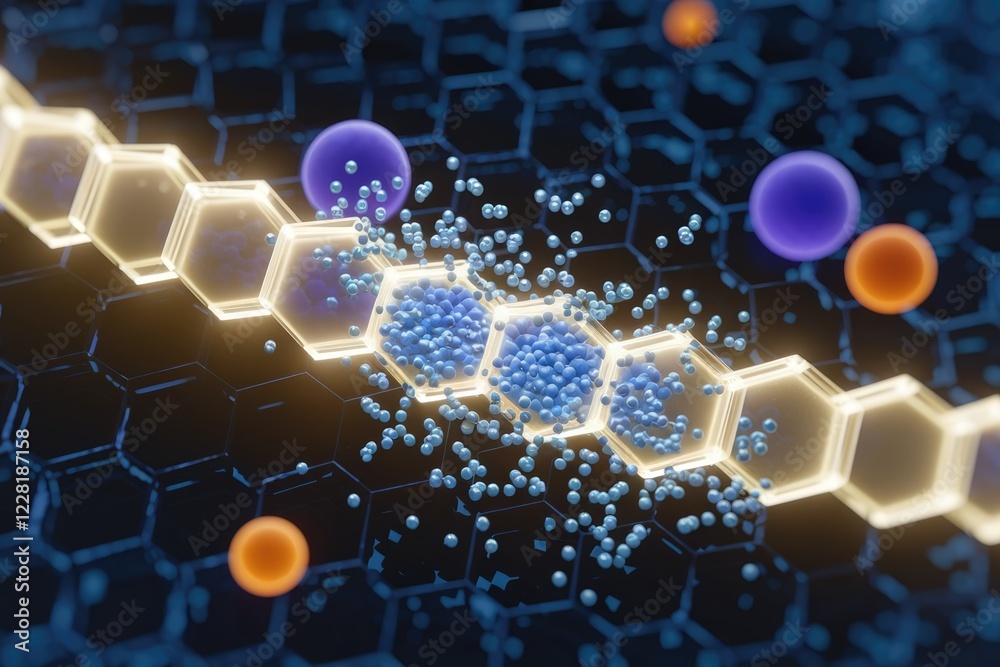 Poster Microscopic view of hexagonal structures releasing blue particles, potentially depicting a molecular process or nanotechnology.