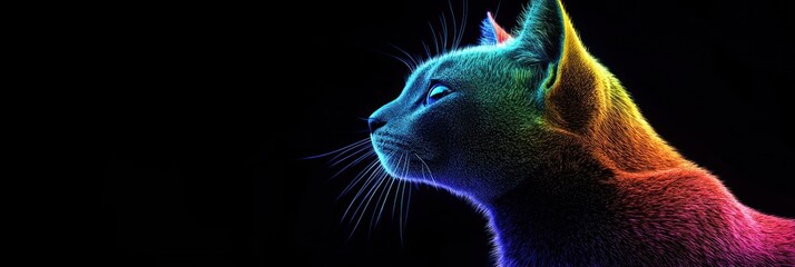 Rainbow Cat: A vibrant feline portrait against a black background.