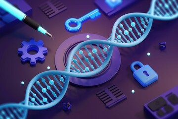 Genetic engineering: DNA, key, lock, and tools symbolize unlocking genetic secrets for advancement in medicine and technology.