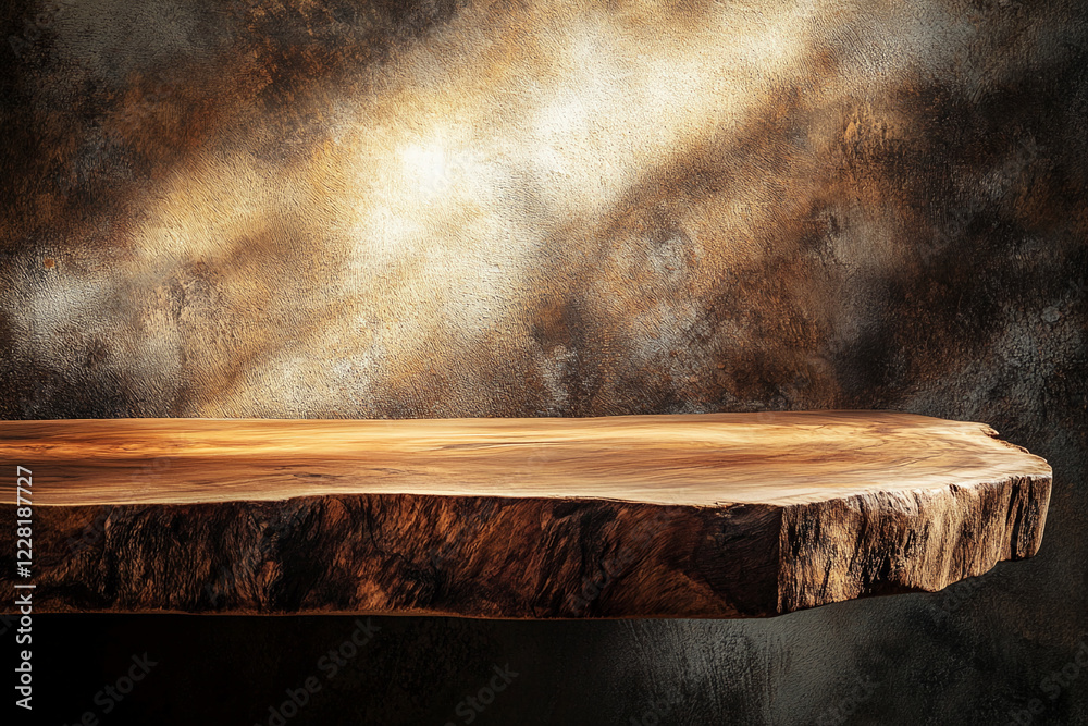Poster rustic natural wood slab with unique grain texture and rough edges, placed against an artistic textu