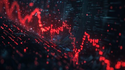 Drooping financial graph with glowing red digital numbers