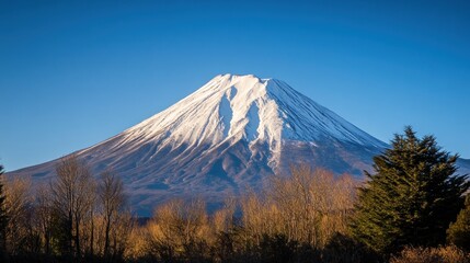 Majestic Mount Fuji Snow Capped Peak Under Blue Skies