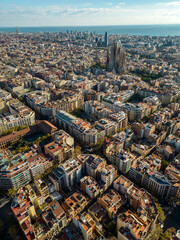 Barcelona city buildings from drone above 