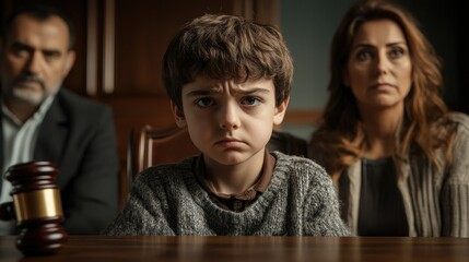 Fototapeta premium Sad boy sitting at a table in the background of his parents.