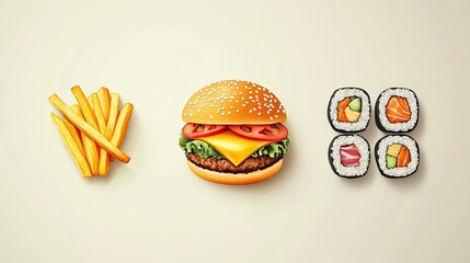 Cheeseburger, fries, sushi, food choices, background, menu design