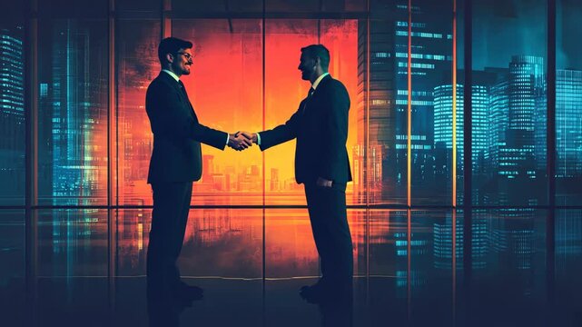 Business partners shaking hands with city skyline reflections at sunset