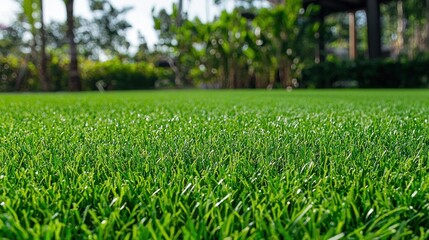 A lush green lawn with a few trees in the background
