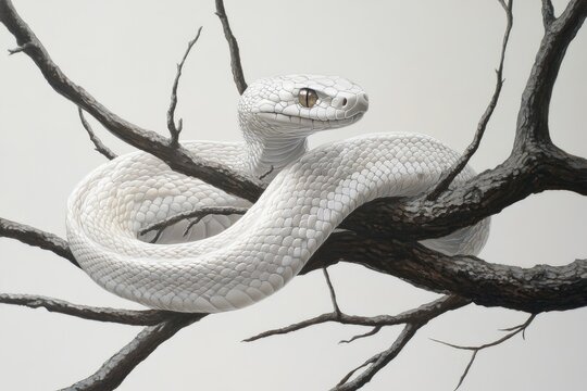 White snake coiled on dead branches, minimalist background, studio shot, wildlife illustration