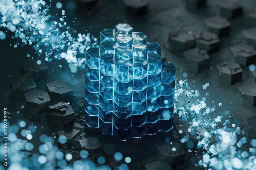 Aufkleber A mesmerizing 3D render of a hexagonal structure, seemingly crystalline, with icy blue particles floating around it.