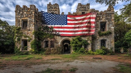 An old, ruined castle enveloped under a large American flag, with weathered stones and overgrown vines.