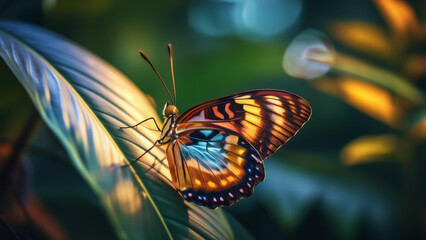 A vibrant butterfly with striking orange, blue, and black patterns on its wings rests on a green leaf, set against a blurred, colorful background, capturing the beauty of nature.