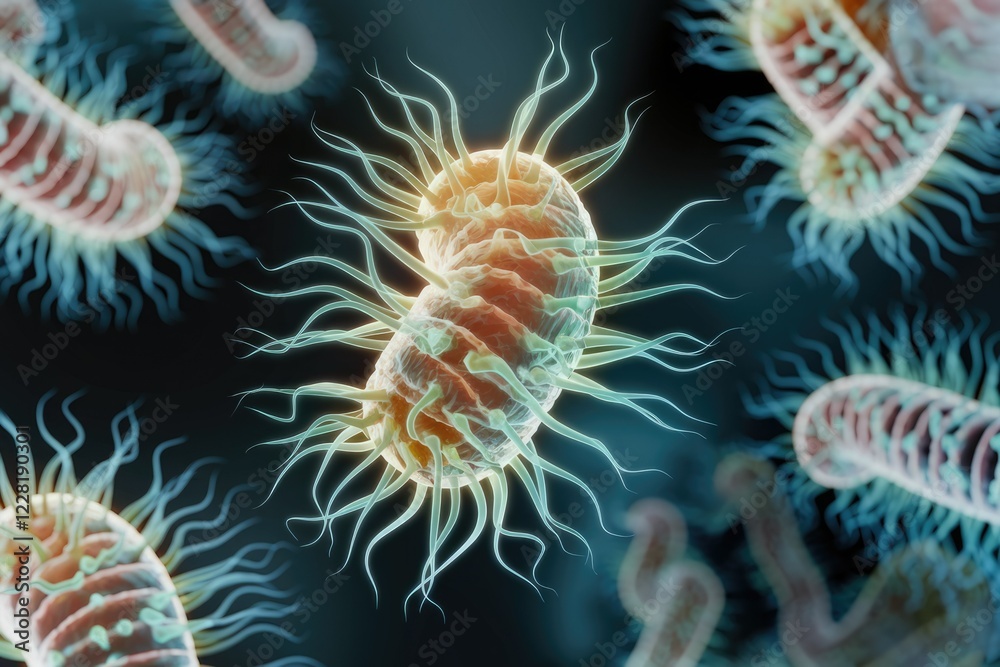 Poster Microscopic view of multiple bacteria with flagella, illustrating their complex structures and potential for infection.