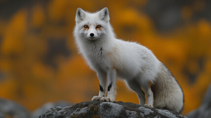 Arctic fox standing alert on rocky outcrop against autumn background, displaying white winter coat and observant posture in natural habitat