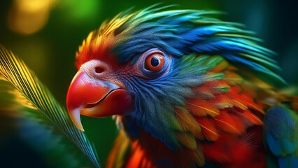 Fototapeta premium A vibrant close-up of a colorful parrot with a striking mix of blue, green, red, and orange feathers, showcasing intricate details and textures, set against a blurred natural background.