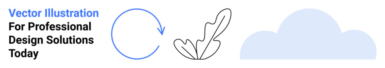 Circular arrow, linear feather, minimal cloud with text promoting visual creativity and professional solutions. Ideal for branding, marketing, sustainability, innovation, minimalism, design flat