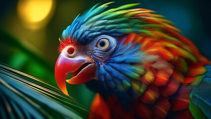 A vibrant close-up of a colorful parrot with a striking mix of blue, green, red, and orange feathers, showcasing intricate details and textures, set against a blurred natural background.