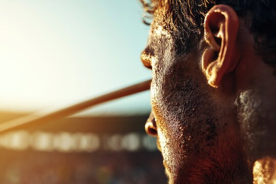 ultra-realistic close-up portrait of javelin thrower at peak of their motion muscles tensed eyes locked on target - Powered by Adobe