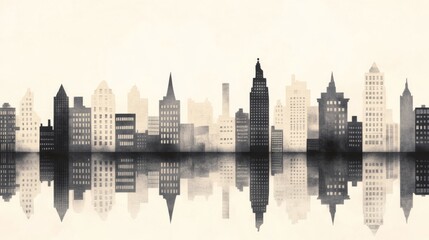 Fototapeta premium Monochromatic city skyline reflected in water.