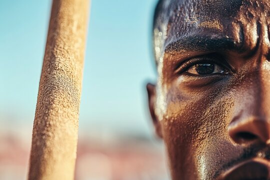 ultra-realistic close-up portrait of javelin thrower at peak of their motion muscles tensed eyes locked on target - Powered by Adobe