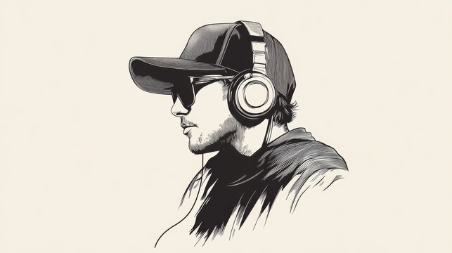 Monochrome sketch of a young man wearing headphones and a cap.