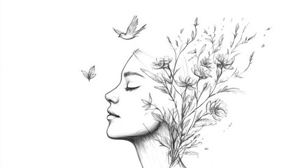 Pen sketch of woman's face with flowers and birds.