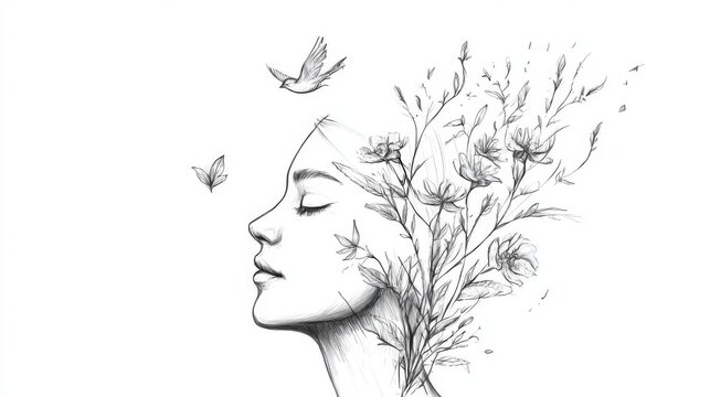 Pen sketch of woman's face with flowers and birds.