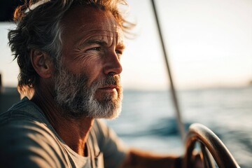 ultra-realistic close-up portrait of seasoned yacht captain standing at helm wind tousling his hair