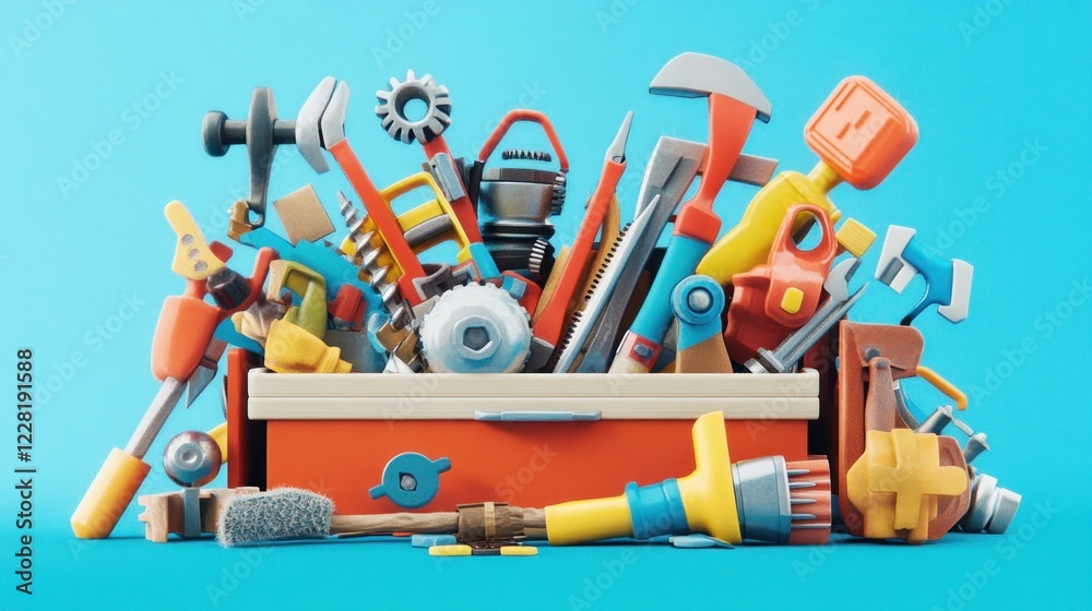 Poster Colorful Tools Overflowing From A Red Toolbox