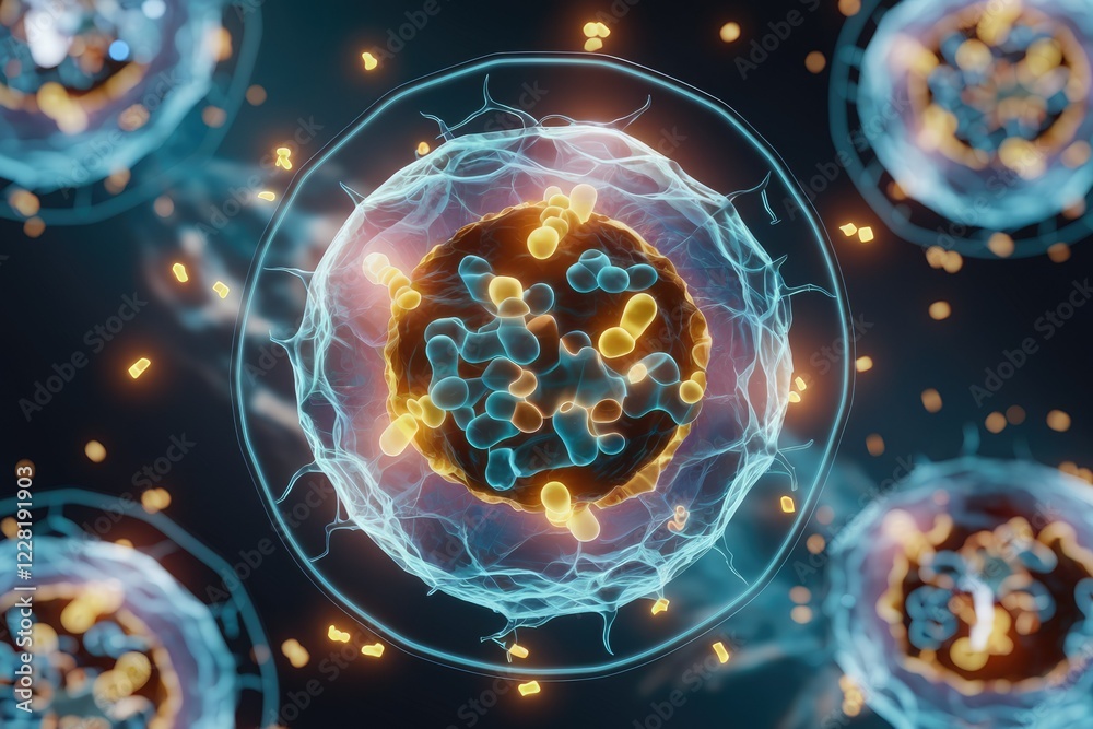Poster Microscopic view of cells, showcasing intricate internal structures and processes.