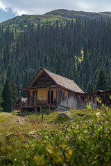 Rustic Cabin Amid Mountain Forest Landscape in the Wilderness
