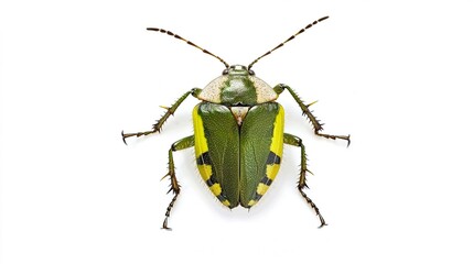 Fototapeta premium Vibrant Green Insect with Striking Yellow Bands on a White Background