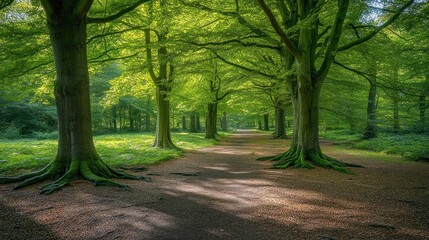 Naklejka premium Sunlit Path Through A Lush Green Forest Canopy