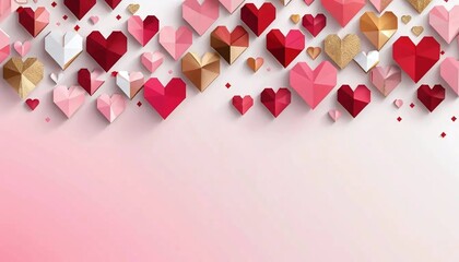 Floating red and gold 3D hearts against a soft white gradient background creating a stylish and romantic composition perfect for valentines day and love themed designs