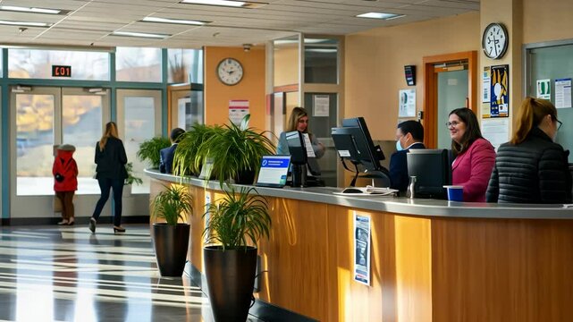 Busy modern bank lobby with customers and staff in daylight setting