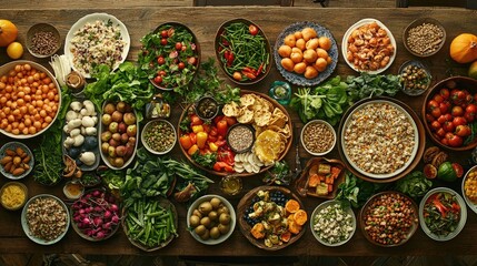 Fototapeta premium Healthy food buffet spread on rustic wooden table; various dishes and ingredients displayed