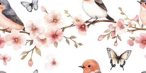 Beautiful Japanese cherry blossom with birds pattern on a white background for spring floral design. vector seamless pattern