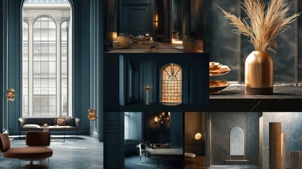 Elegant Dark Blue Lounge Interior Design Collage