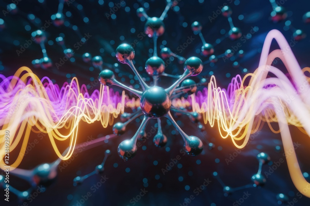 Poster abstract representation of molecular structures and energy waves, vibrant colors showcasing scientif