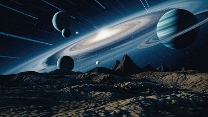 A breathtaking view of a vibrant galaxy, multiple planets, and a rocky landscape, with meteors streaking across the night sky.