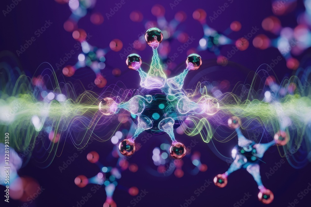 Poster abstract depiction of molecular structures interacting with energy waves, showcasing vibrant colors 