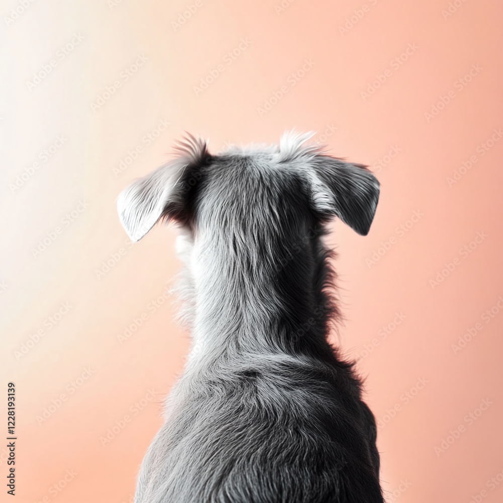 Poster rear view of a dog with soft gray fur on a peach gradient background, symbolizing calmness, simplici