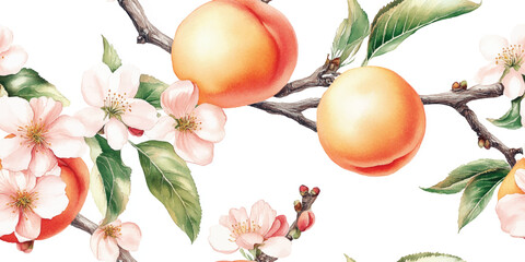 Vector seamless pattern with peach apricot branches with leaves and flowers on white background. Fruits pattern. blossom branches , peach flowers and fruits repeat pattern