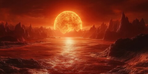 Breathtaking sunset over fiery ocean waves alien landscape digital dramatic atmosphere high angle view