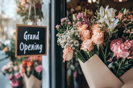 ultra-realistic close-up shot of florist standing in front of their brand-new flower shop throwing open glass doors
