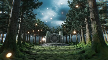 Enchanted forest path leads to a mystical stone portal glowing with ethereal lights.