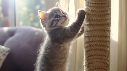 A playful gray kitten climbing on a scratching post in a cozy living room filled with sunlight and soft furniture