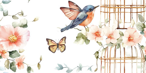 Seamless vintage pattern with flowers butterflies birds and birdcage on white background.