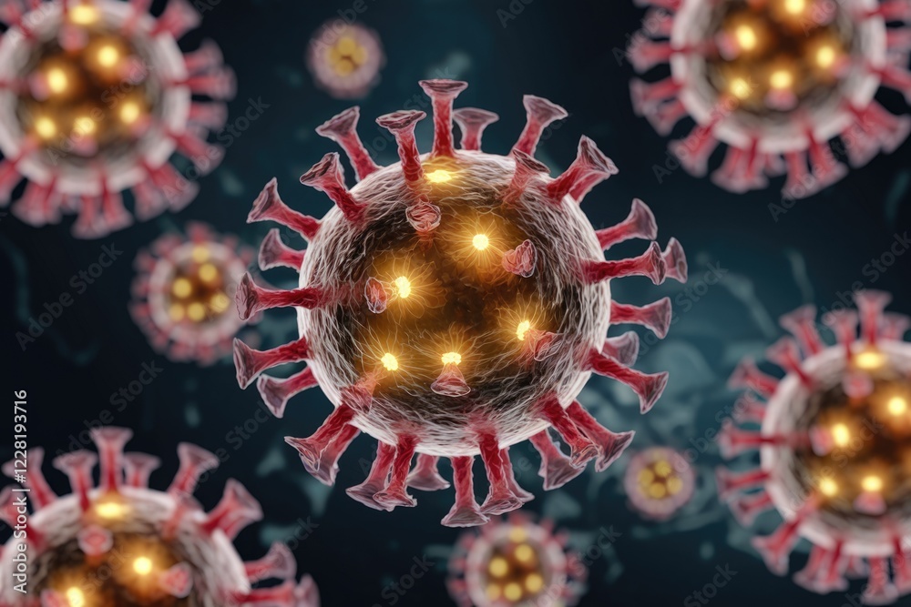 Aufkleber microscopic view of multiple coronavirus particles, highlighting their spiky structure and internal 