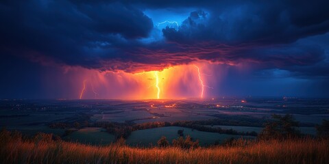 Obraz premium Dramatic thunderstorm display open fields landscape rural environment wide-angle view nature's power