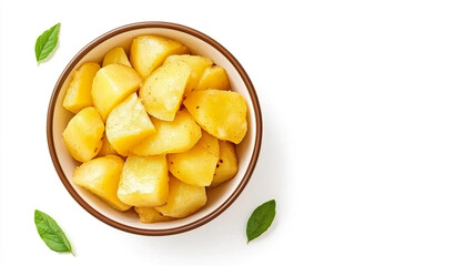 Freshly Cut Yellow Potatoes in a Bowl with Green Leaves Around